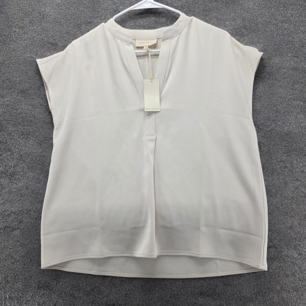 Melloday Blouse Womens S White V-Neck Cap Sleeve Woven Stretch Relaxed Fit